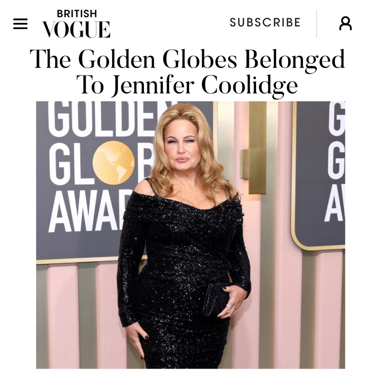 Best Actress Winner Jennifer Coolidge pairs our signature Lee Pouchet with a Dolce & Gabbana Gown to the 80th Golden Globe Awards