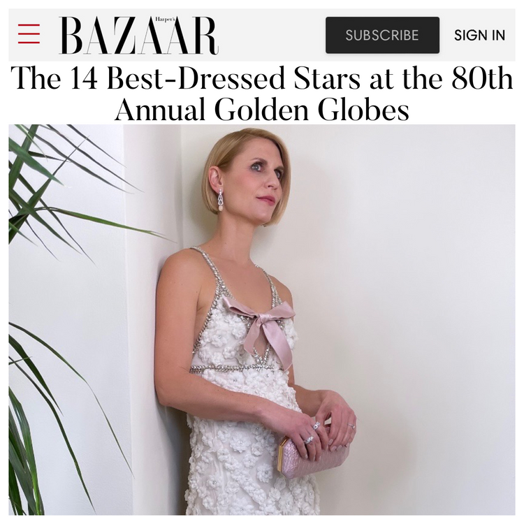 Claire Danes is voted best dressed pairing our Perry Clutch with a Giambattista Valli gown to The 2023 Golden Globe Awards
