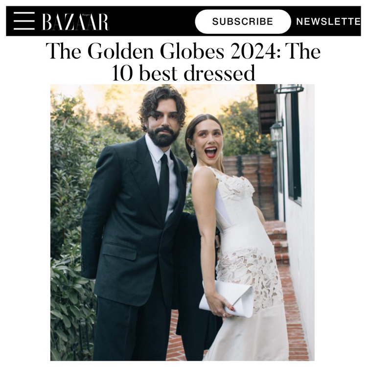 Elizabeth Olsen is voted best dressed pairing our Eloise Clutch in Pegasus White Satin with a Vivienne Westwood Gown to the 2024 Golden Globes