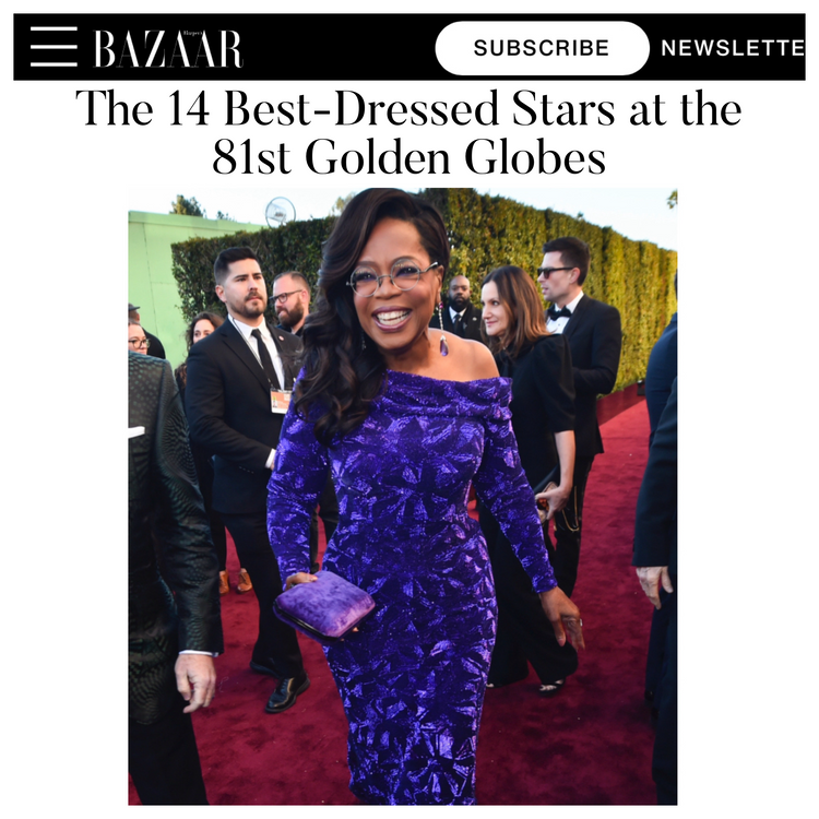 Oprah is Harper's Bazaar's Best Dressed pairing our Lily Clutch in Royal Purple Crushed Velvet with a Luis Vuitton Gown to the 81st Golden Globes
