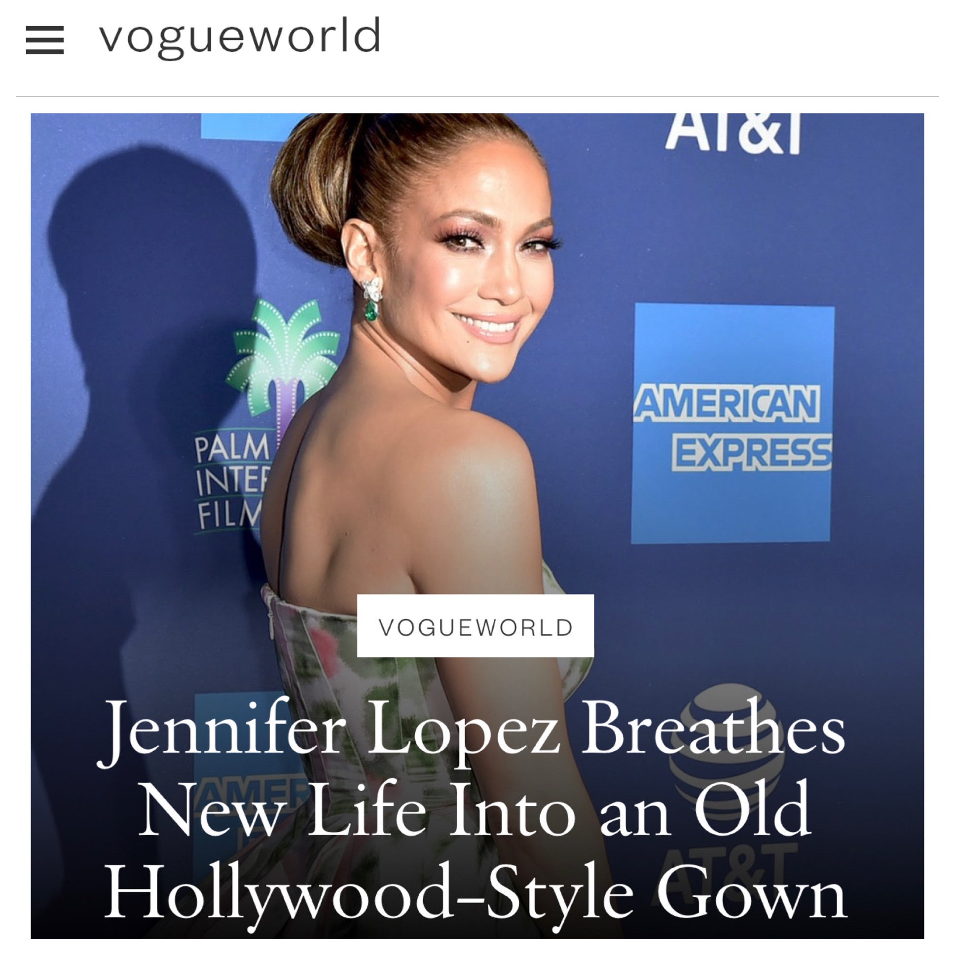 Vogue features Jennifer Lopez carring our signature Lee Pouchet to the Palm Springs International Film Festival