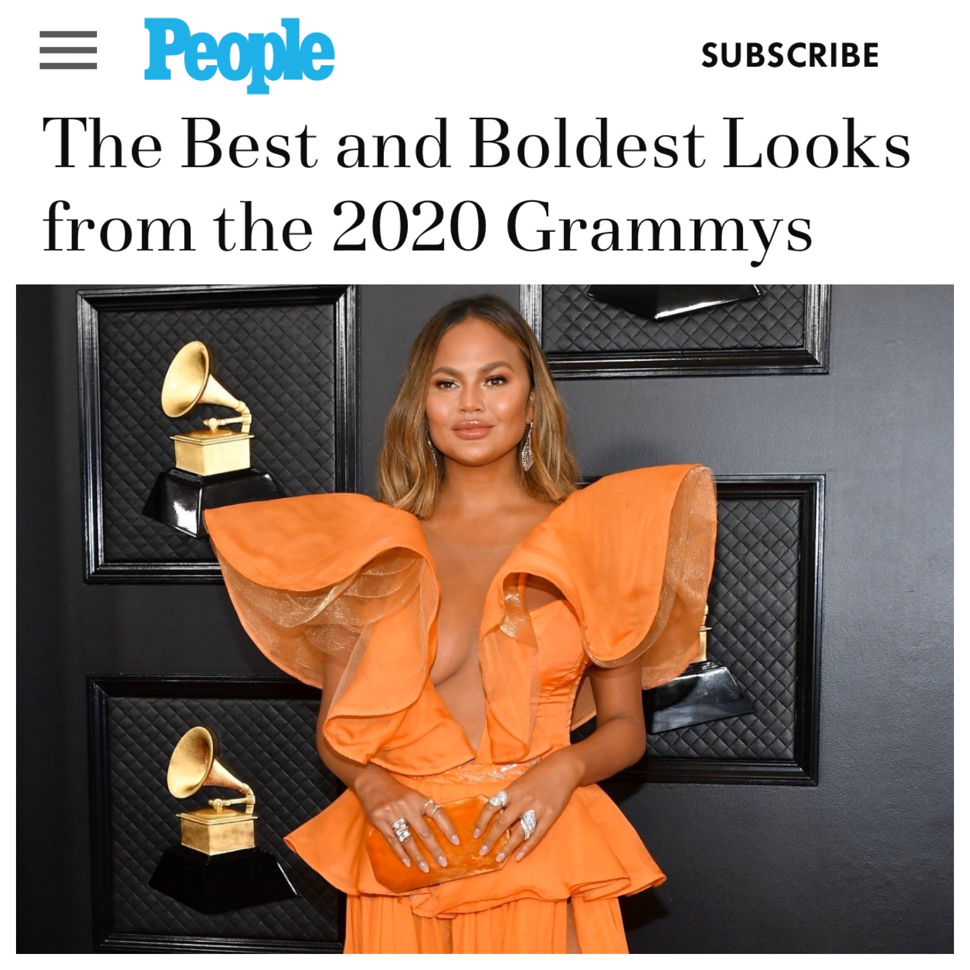 Chirssy Teigen is named best dressed carrying our Perry Clutch at the 62nd Grammy Awards!