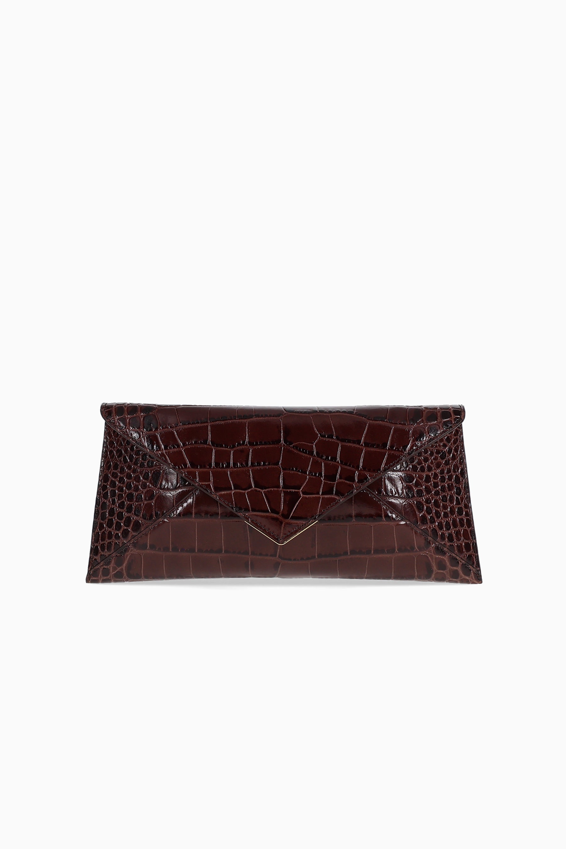 Brown crocodile-patterned clutch bag on a white background