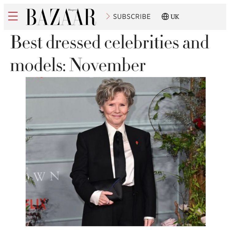 Harper's Bazaar UK picks Imelda Staunton CBE as one of November's best dressed stars carrying our Signature Lee Pouchet in Black Diamond Satin