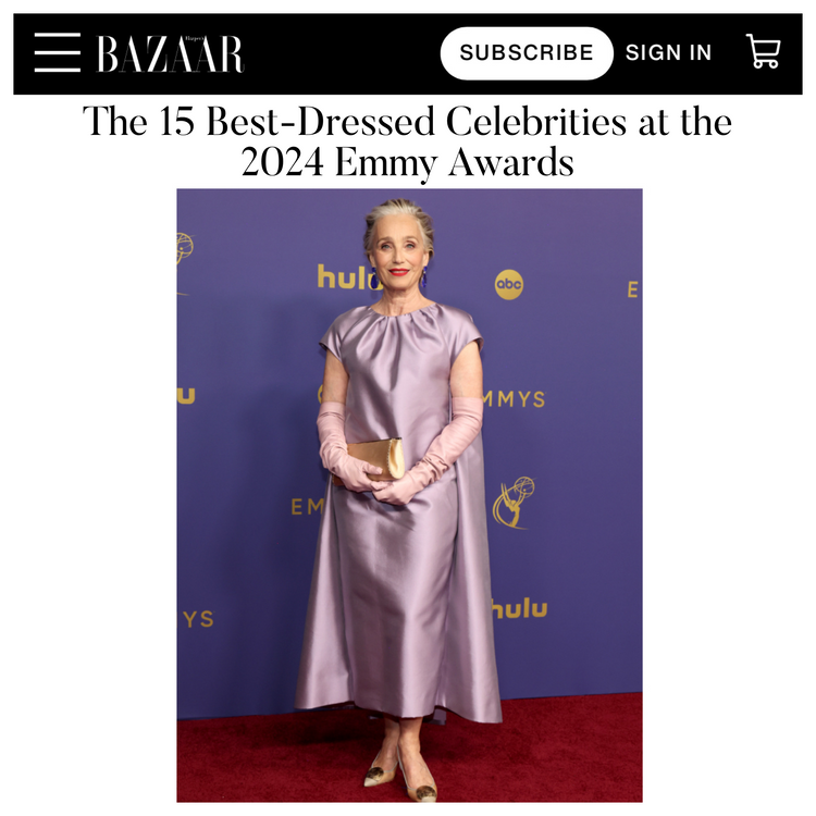 Dame Kristin Scott Thomas is voted best dressed at the 2024 Emmys carrying our Suzannah Clutch in Champagne Bubble Satin