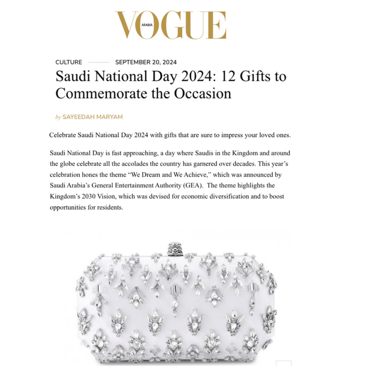 Vogue Arabia features our Perry Clutch in 'White Diamonds' as one of the must-have gifts for the year's Saudi National Day