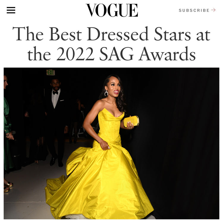 Kerry Washington is voted best dressed by Vogue carrying our Perry Clutch in Limoncello Crushed Velvet to the 2022 SAG Awards