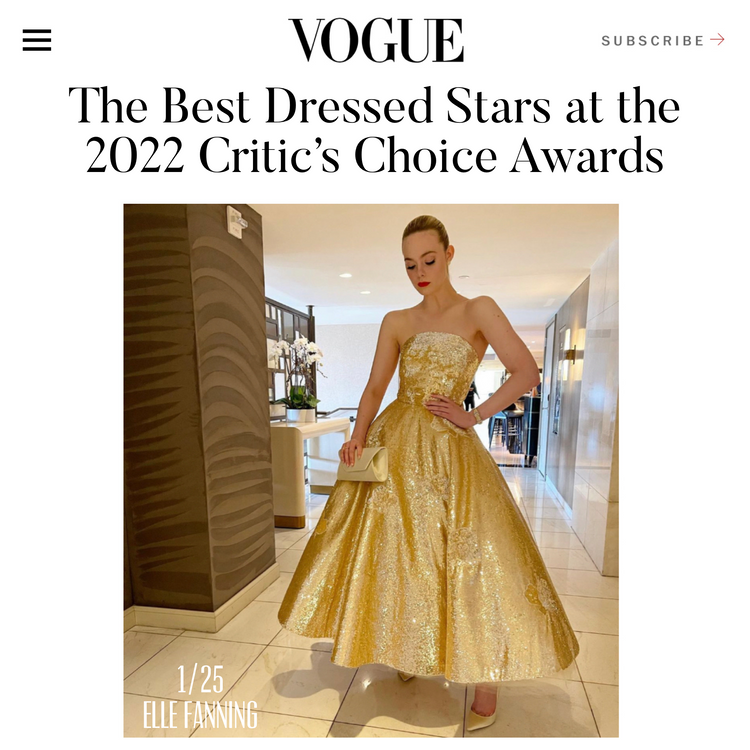 Elle Fanning voted Vogue's #1 Best Dressed Star at the 2022 Critic's Choice Awards, pairing our Eloise Clutch with an Oscar de la Renta Gown