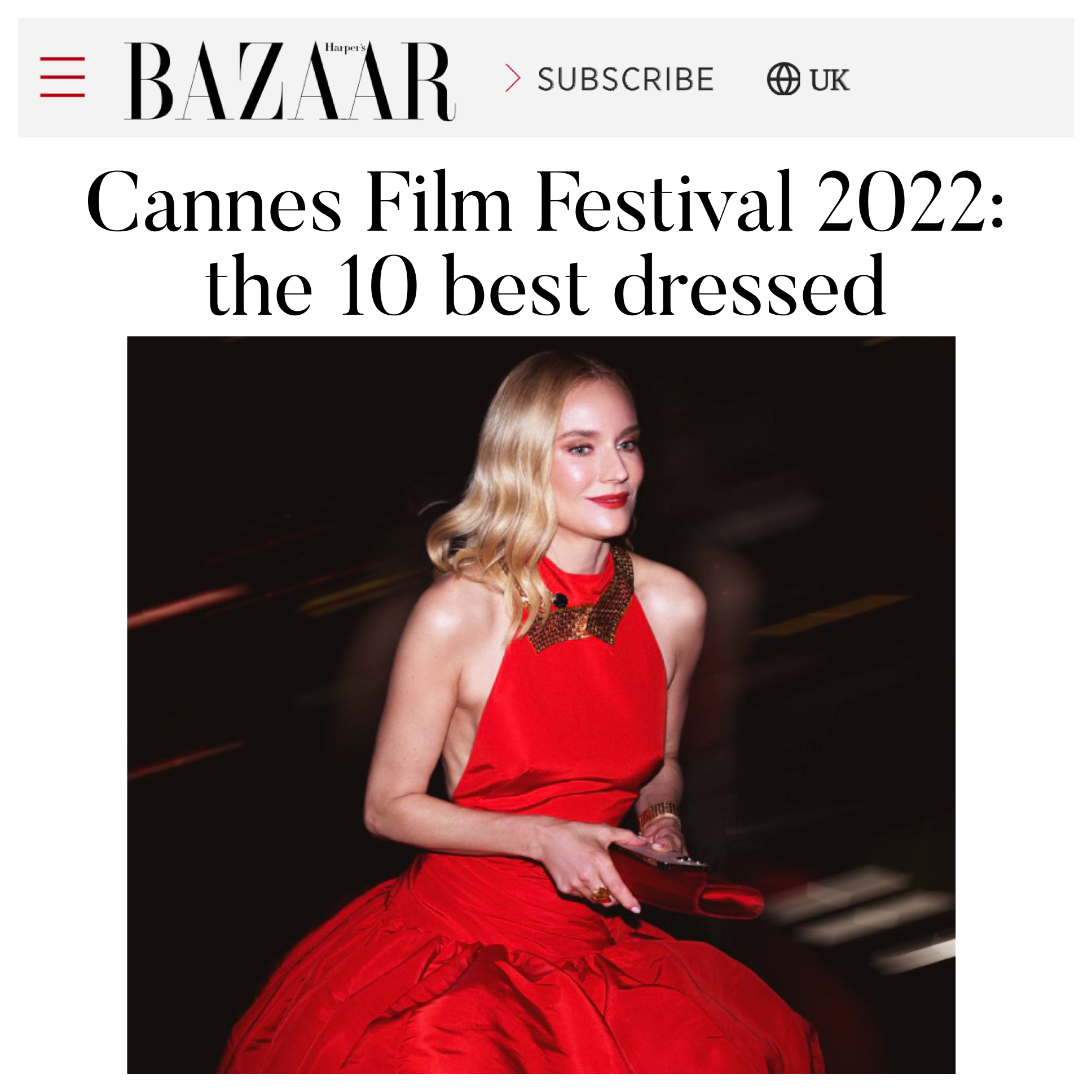 Diane Kruger Pairs our Eloise Clutch in Cherry Red Satin with an Oscar de la Renta Gown