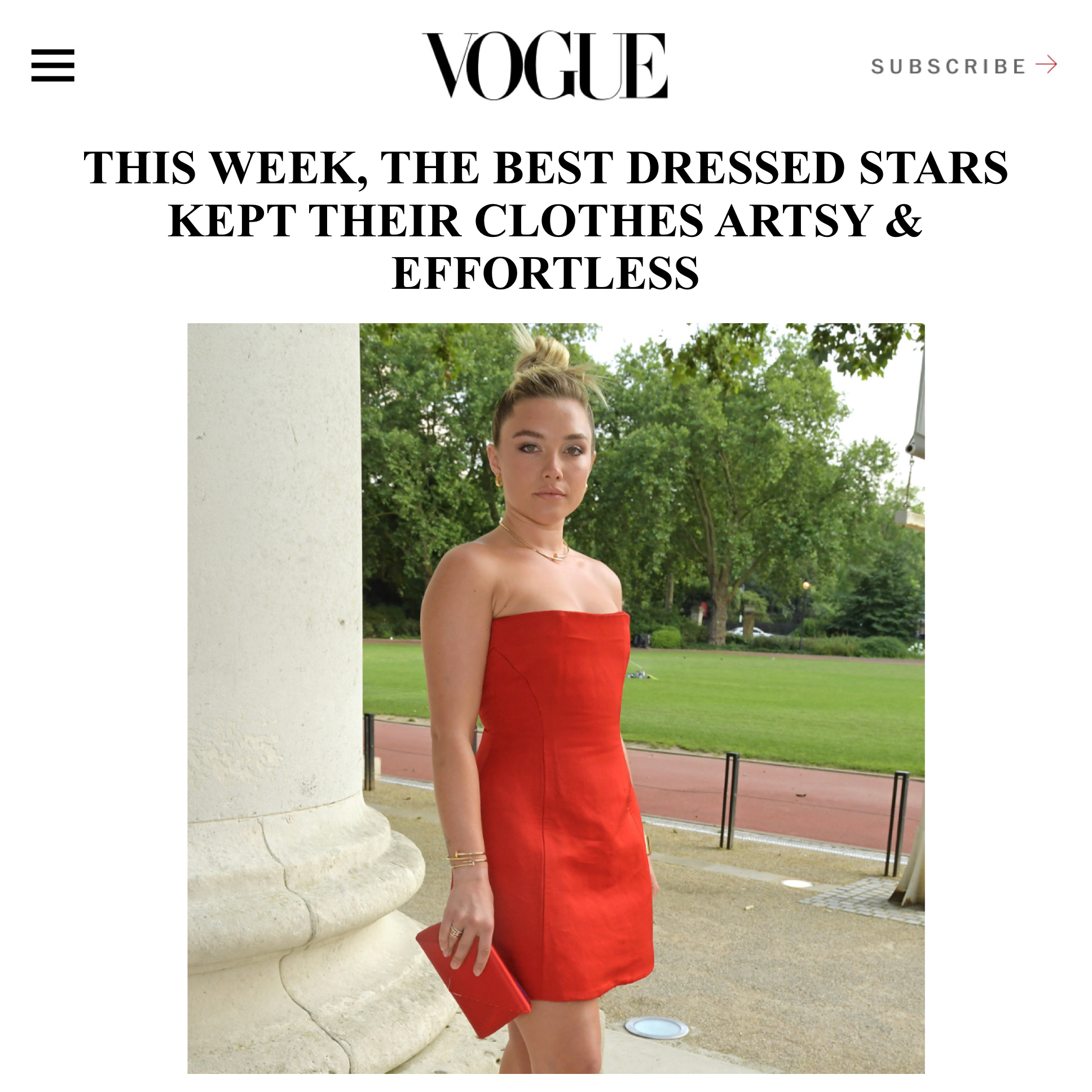 Vogue Chooses Florence Pugh carrying our Signature Lee Pouchet in Cherry Red Satin as this weeks best dressed