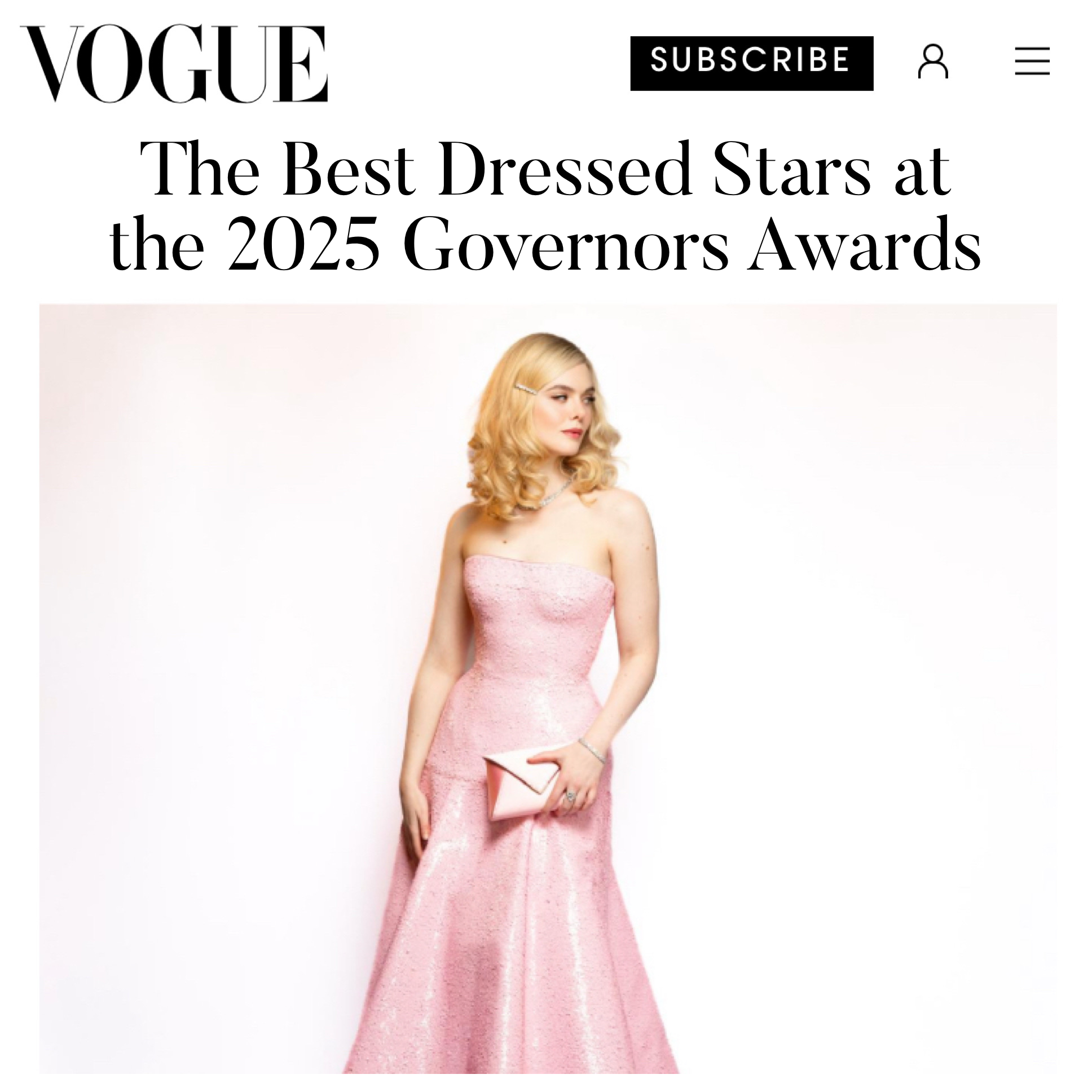 Elle Fanning completes her Governors Awards look with our Lee 'Pouchet' Clutch in Rose Petal Satin