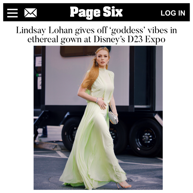 Lindsay Lohan pairs our Perry Clutch with a Jil Sander gown to Disney's D23 Legends Expo