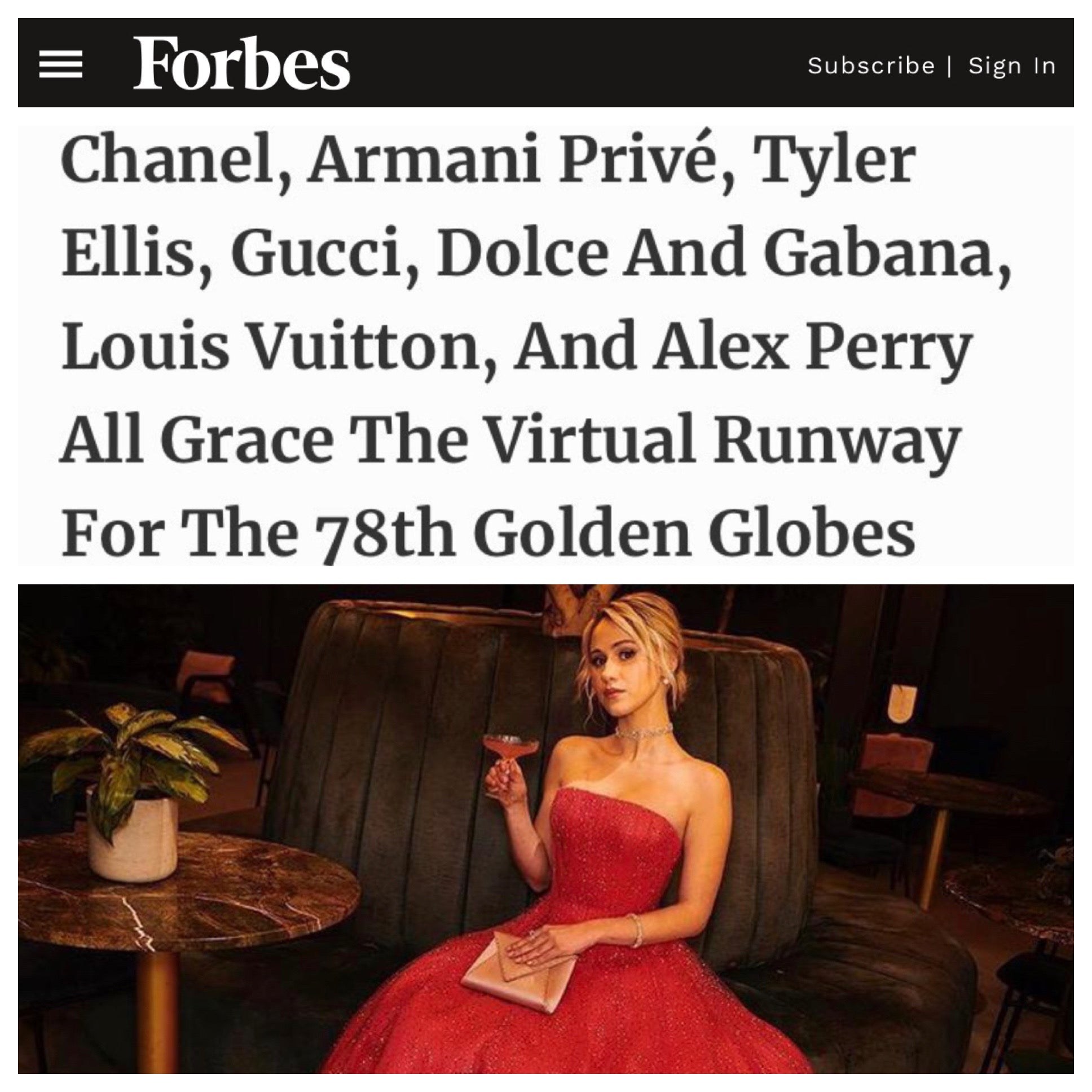 Forbes picks Maria Bakalova as best dressed at the 78th Golden Globe Awards, pairing our signature Lee Pouchet with an Armani gown